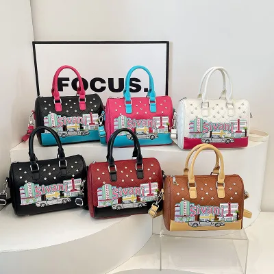Lattice Large Capacity Boston Bag Women New Design Embroidery Patchwork Handbag Diamond Studded High-End Shoulder Crossbody Bag
