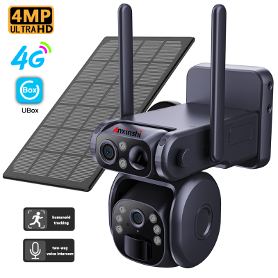 Anxinshi 4G 4MP 2lens Dual Sensing Detection Outdoor 7.8W Solar Battery PTZ Network Camera CCTV Camera
