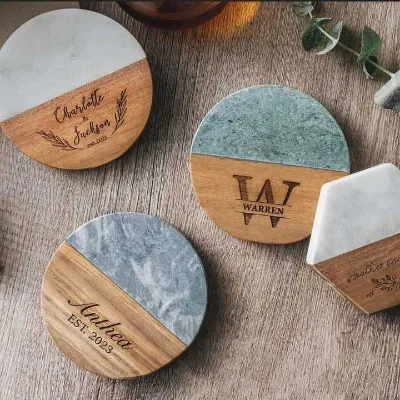 Hot Sale High Quality Luxury Stone Coaster Marble Acacia Wooden Coaster for Drinks Custom Engraved Marble Wood Coaster Set