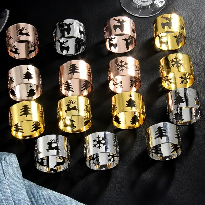 Luxury Napkin Rings Hollow Out Design Snowflakes, Reindeer, Christmas Trees Napkin Rings Holder for Christmas