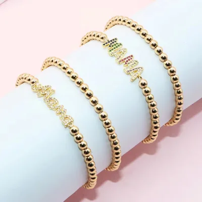 2024 Custom Gold Plated Mother's Day Beaded Bracelet Dainty Heart Mama Bow Stretch Bracelet for Mom