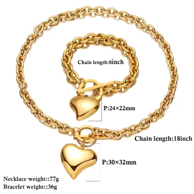 Fashion European and American Style Women Titanium Steel Stainless Steel O-chain, Heart-shaped Accessories Necklace Bracelet Set