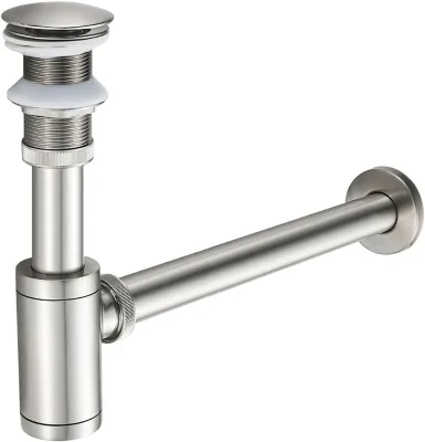 Solid Brass 1-1/4 Adjustable Bottle Trap with Pop up Drain Stopper for Bathroom Sink Brushed Nickel Traditional