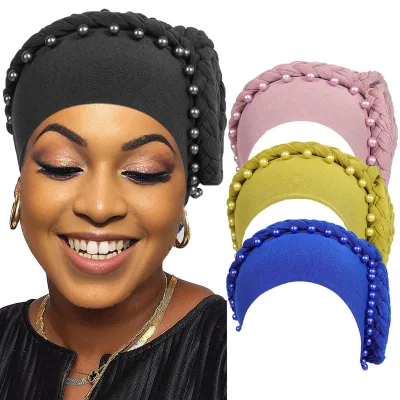 New Solid Color Beaded Plate Bead Braided Caps Pearl Braid Turban Scarf Muslim Women's Hat
