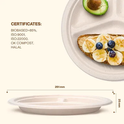New Trend Waterproof Oil-resistant Disposable Plates Compostable 3 Compartment Bamboo Bagasse Pulp Plates for Household