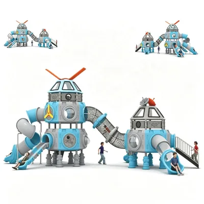 Space Station Themed Outdoor Playground Equipment Kids Combined Slide With Climbing Tunnel Net