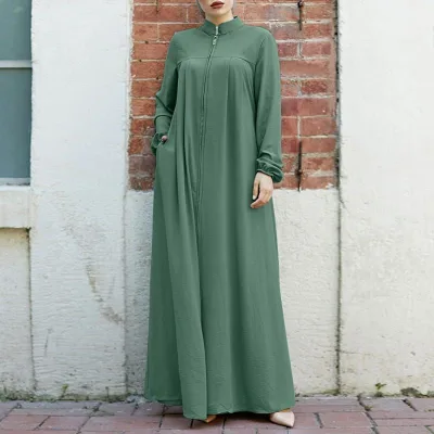 2024 New Muslim Women's Middle Eastern Arabic Style Stand Collar Zipper Cardigan Long Skirt Pockets Elegant Loose Ice Silk Dress