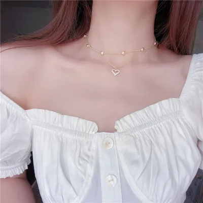 Hot Sale Double-layer love Chain Gold Flash Diamond Zircon Clavicle Chain Women Necklace