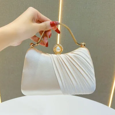 Wholesale champagne Satin Silk Party Handbags Evening Bags Women Luxury Pleated Bridal Clutch Purse