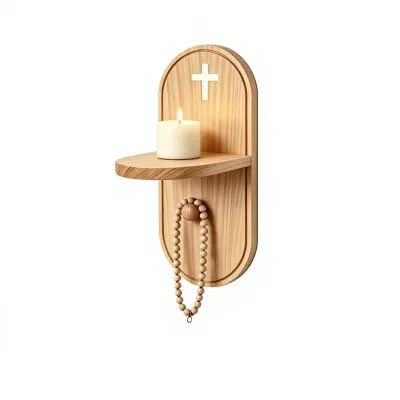 1-Pack Wood Rosary Prayer Shelf Candle Sconce Holder Cross Design Arch Shape Wall Mount Fireplace Home Decor 12.2x5.1x6.3