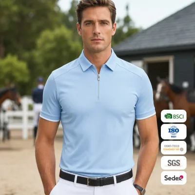 Men's Slim Sky Blue Equestrian Competition POLO Shirt Pointed Collar Quarter-Zip White Piping Short Sleeve OEM Custom Wholesale