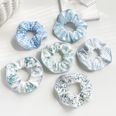 New Gentle Blue Polka Dot Floral Fashion Plaid Minimalist Large Hair Accessory Hair Scrunchies