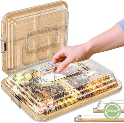 Charcuterie Boards with Foldable Lid,Portable Bamboo Cheese Board with 6 Compartments,Clear Locking Lid and Handle,Easy to Store