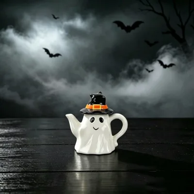 Glossy White Phantom Shaped Tea Pot With Cute Smile Face Perfect for Spooky Atmosphere or Dining Room Decoration Craft