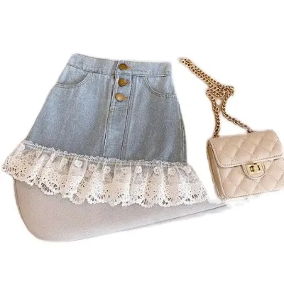 BKD 1pc Sweet Style Girls' Cowboy Lace Short Skirt Lace Vintage Metal Button High Waist Design Fashionable Trend, Customizable