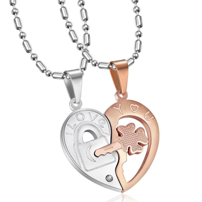 Letter Clover CZ Lock Key Matching Love Heart Pendant Necklace Stainless Steel Puzzle Broken Heart Charm Fashionable Couple