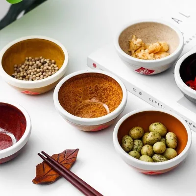 Fortune Fu Character Ceramic Small Bowl Set 7 PCS Multi Color Glazed Cream Rim Red Label Nuts Condiment Kitchen Table Snack Bowl