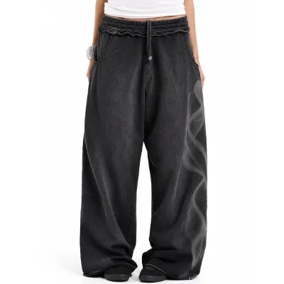 OEM Unisex Raw Edge Frill Design Cuffed Sweatpants Unisex Custom Laser Printing Patterns French Terry Wide Leg Sweatpants Baggy