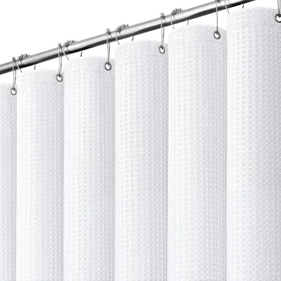 White Waffle Weave Shower Curtain 72x72 Inch 256GSM Heavy Thick Hotel Luxury Fabric Curtain With 12 Plastic Hooks for Bathroom