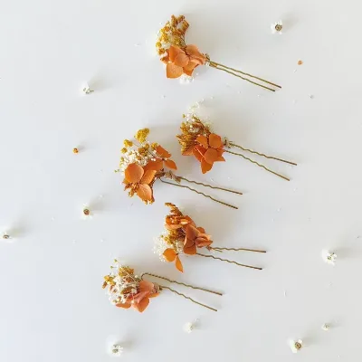 W-1 Wedding Dried Flower Hair Clips Pins Rustic Terracotta Floral Boho Design Bride Haldi 13cm Customizable Color