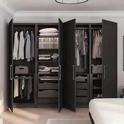 Modern Customized Matte Black Closet Shaker Design Bedroom Wardrobe with Pull Out Shelves LED Strip Lights and Drawer Organizers