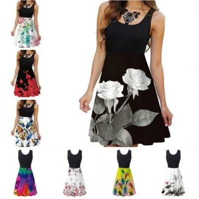 Wholesale New Fashion Women Girls Summer O-neck Printing Sweet Dress Sleeveless Plus Size Casual A-line Mini Dresses