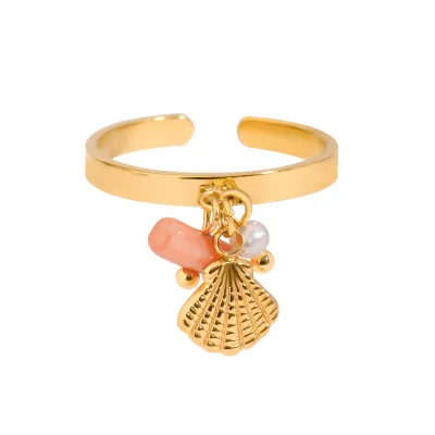 Pink Coral and Glossy Shell Adjustable Ring Gold Minimalist Design Stainless Steel Rings