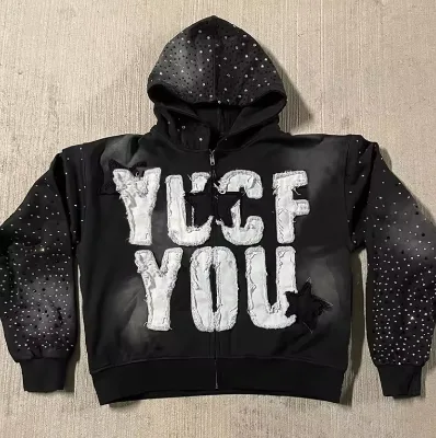 Custom Applique Embroidery Distressed Hoodie Rhinestone Zip up Jacket Acid Wash Vintage Washed Fleece Streetwear Hoodie for Men