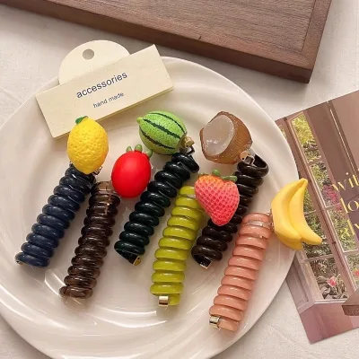 Women Fashion Colored Phone Cord Hair Rope Artificial Fruit Spiral Hair Tie for Decoration