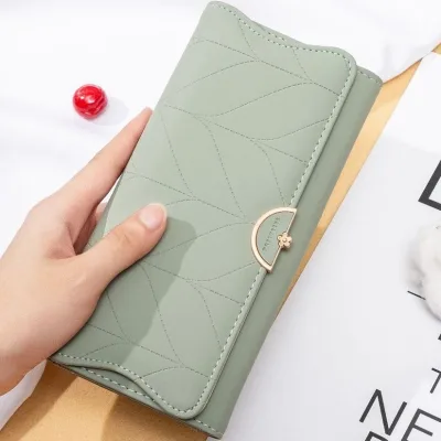 Fashionable Versatile Stitched Embossed PU Leather Tri-fold Long Women's Wallet with Hidden Snap Closure Polyester Lining