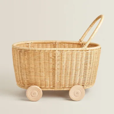 High-quality Hand-woven Natural Rattan Pushcart With Wooden Casters, Suitable for Children's Furniture.