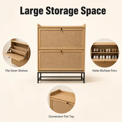 Flip-Down Shelves Metal Iron Base Real Rattan Wood Oak Melamine Hallway Shoe Cabinet with Large Storage Space