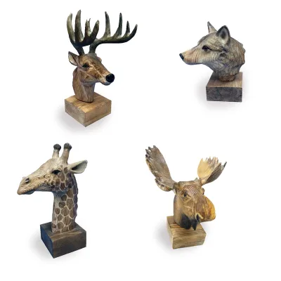 Animal Head Sculpture Wooden Carved Table Decoration Animal Head