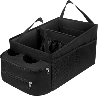 Car Trunk Organizer with Divided Compartment, Double Zipper Pockets, Mesh Side Pockets and Dual Handles