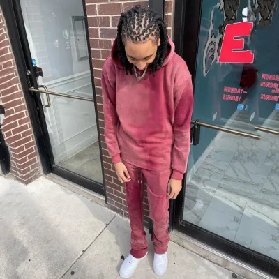 Manufacturer Design Acid Washed Tracksuit Sweatsuit French Terry Custom Vintage Distress Patch Flared Sweatpants and Hoodie Set