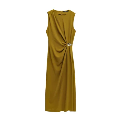 Summer Vintage Women's  Dress European American Style Pleated Decorated Neck Sleeveless Natural Waistline Model