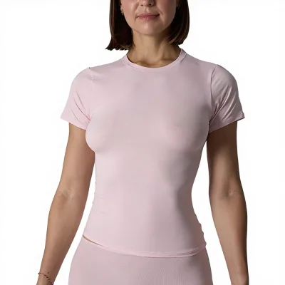 Women Waist Cinched Short Sleeve Crop T Shirt Solid Color Crew Neck Breathable Slim Fit Casual Top