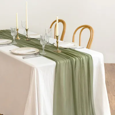 China Manufacturer Lightweight Green Table Runner Chiffon Sage Cotton Knitted Table Runner  Fancy for  Table Setting Decorations