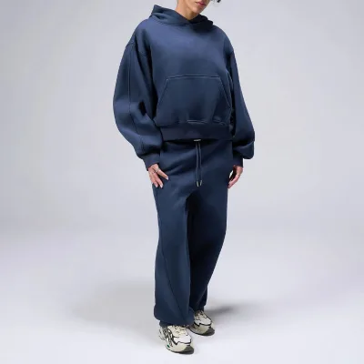 Custom Logo Plain Color Hoodies Sets Oversized Drop Shoulder Pullover Wide Leg Pants 2 Piece Long Sets Unisex