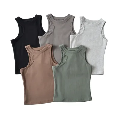 Custom Logo 95% Cotton 5% Spandex Girl Ribbed Crew Neck Casual Crop Tank Top