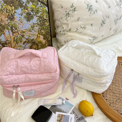 New Cute Letter Macaron Color Fashion Zipper Cotton Fabric Cosmetic Bag Soft Handle Large Capacity High-end Travel Portable