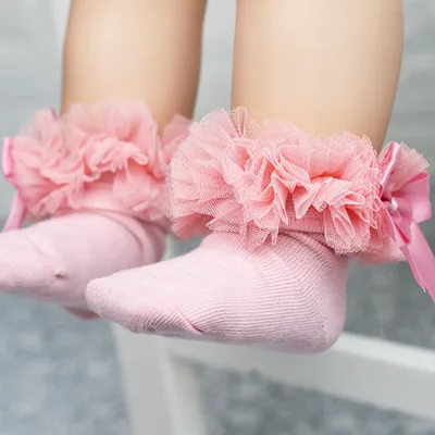 Baby Girls Socks 0-12 Months With Bow Tie Lace Ruffle Princess Cotton Sock With Ribbons Multi Colors New Born Socks