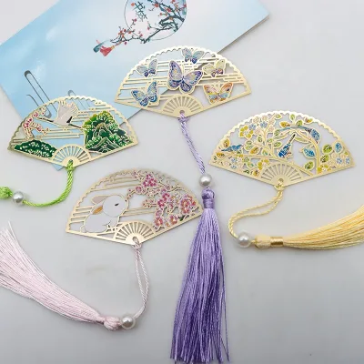 Luxurious Promotion Gift Fan Shape Colored Enamel Chinese Style Reading Book Marks Metal Bookmark With Tassel