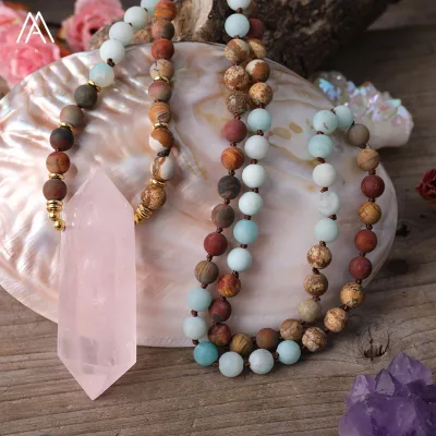 Heal Crystal Mala Necklace , Matte Amazonite , Picasso , Picture Jasper Prayer Beads , Yoga Jewelry
