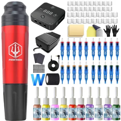 POSEIDON Hot Red High Power Electric Tattoo Pen Kit Stainless Steel Permanent Makeup Tattoo Machine Eyebrow Usage Power Supply