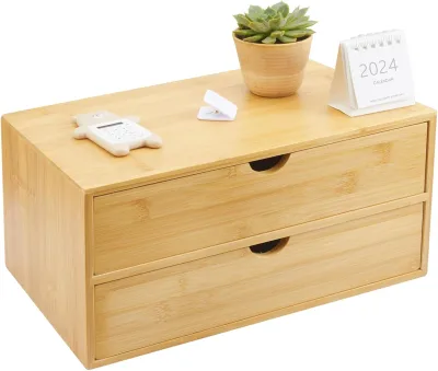 2 Drawer Bamboo Desktop Organizer Storage Box for Office Stationery Makeup Cosmetic Sundries Storage Cabinet