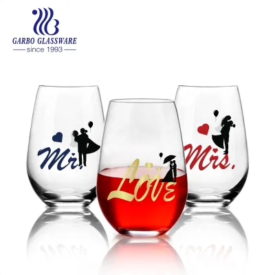 Mr Mrs Love 15oz Hot Sell Custom Drinking Glass Cup Engagement Gift Wedding Gift for Couples Stemless Wine Glasses