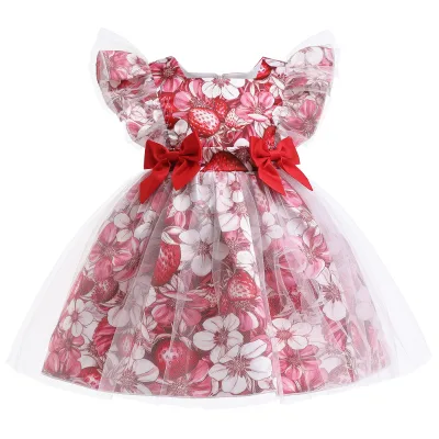 Hot Style Girls Flower Lace Long Princess Dress Kids Printed Gauze Dress With Bow Tie Princess Dresses Party