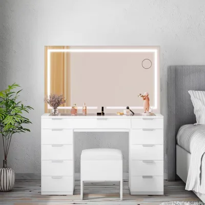 Modern Style Leather Upholstered Adjustable Height Vanity Desk with Storage for Makeup Dressing Table Customizable Size
