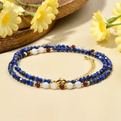 Mixed Natural Stone Lapis,Garnet and Moonstone Beads Adjustable Boho Necklace Top Gift Choice for Women Anniversaries